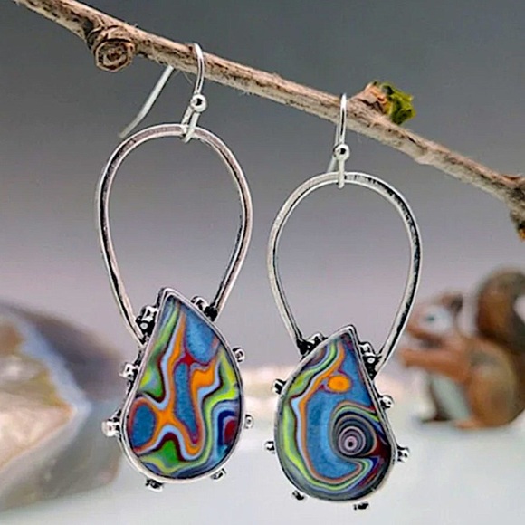 Silver Resin tribal Swirl Multicolor Dangle Boho Earrings - Picture 1 of 3